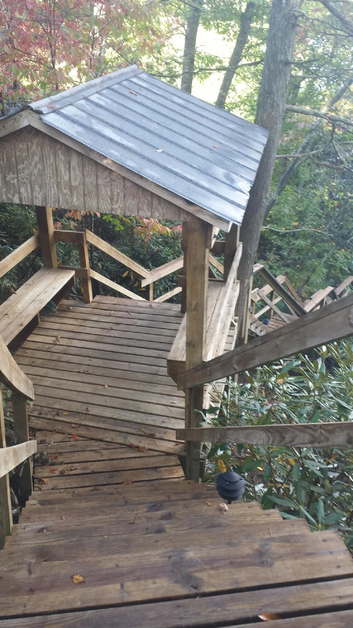 Metal roofed shelter over wooden steps on a wooded walkway — Skylight Repair & Installation work by our crew in Pescadero